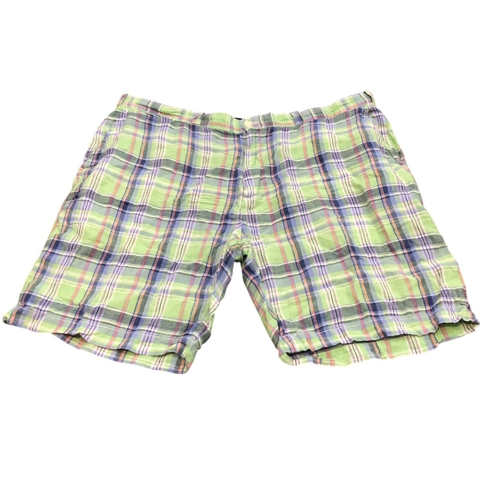 Vintage Polo Ralph Lauren Shorts Mens 44 Green Plaid 100% Linen Classic